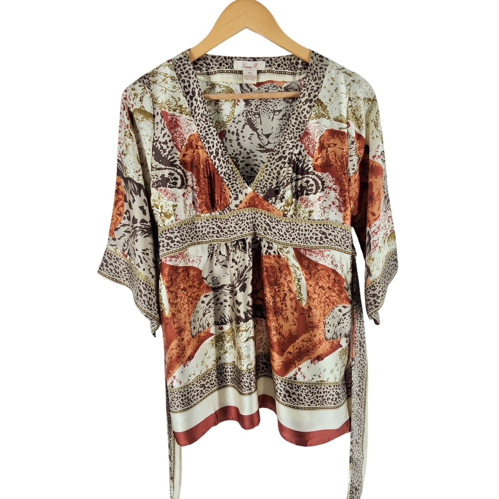 Karena P 100% Silk Animal Print Tunic Blouse V-Neck Empire Waist PS